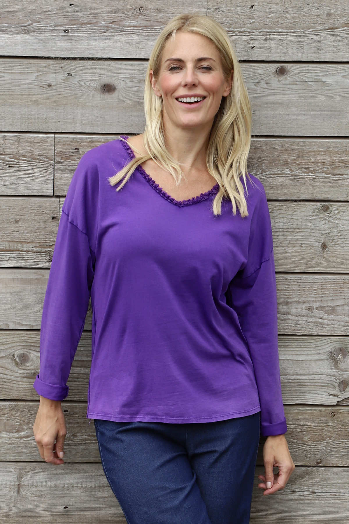Kinsley Washed V-Neck Cotton Top Purple