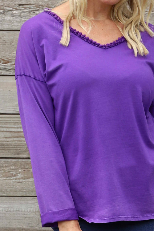 Kinsley Washed V-Neck Cotton Top Purple - Image 3