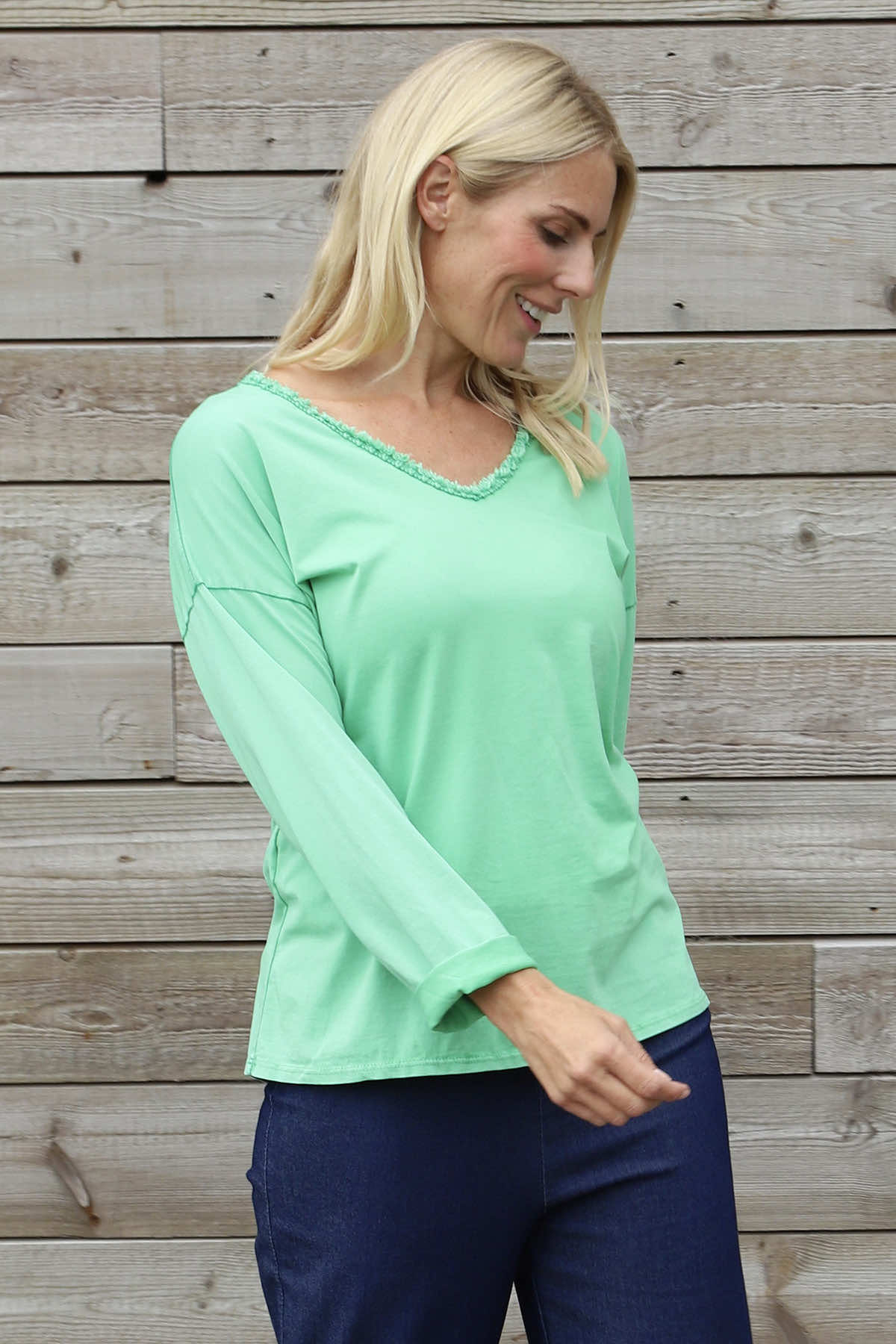 Kinsley Washed V-Neck Cotton Top Green