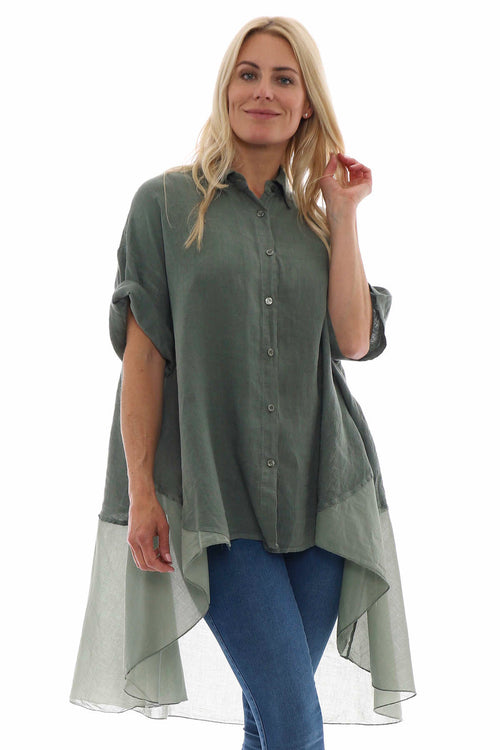 Ainsley Dipped Hem Linen Shirt Khaki - Image 4