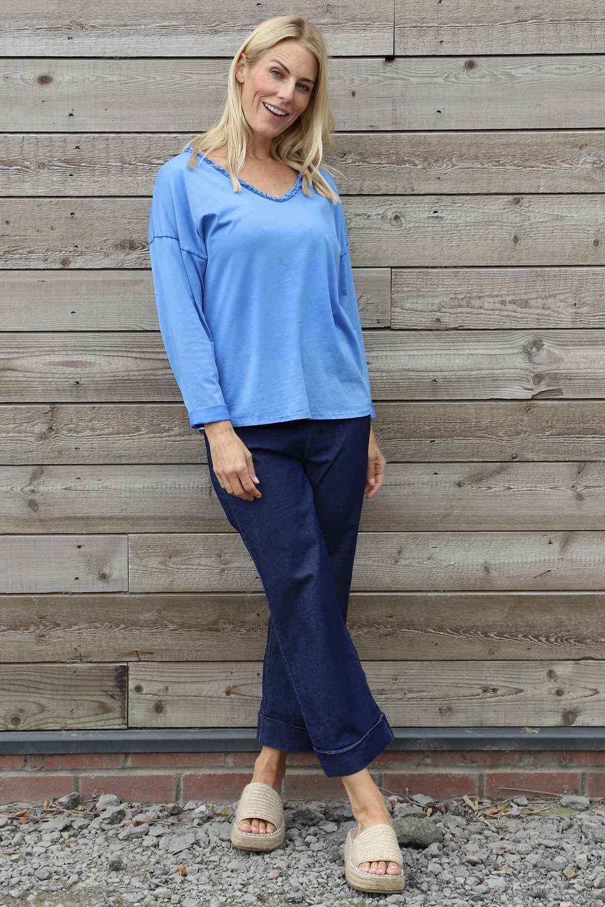 Kinsley Washed V-Neck Cotton Top Cobalt