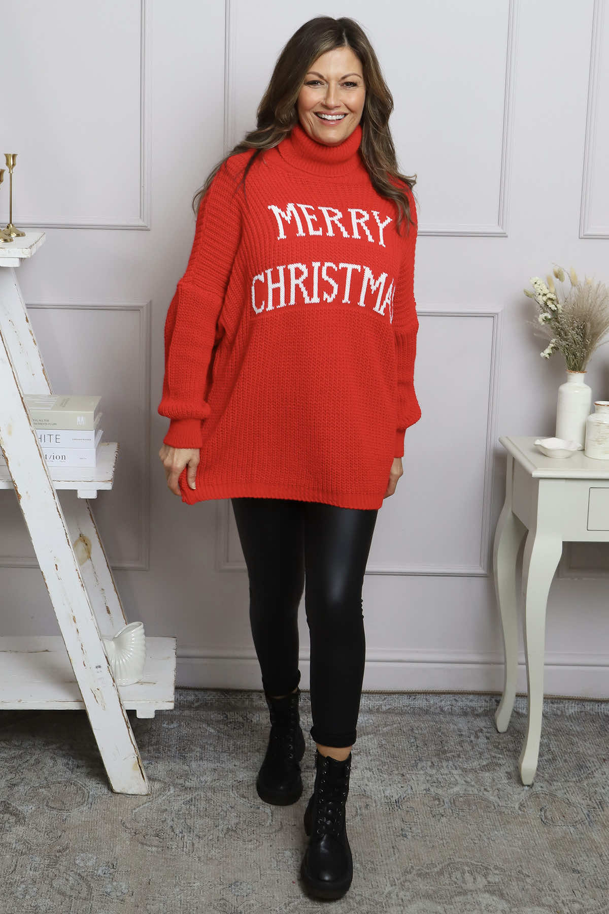 Merry Christmas Polo Neck Jumper Red