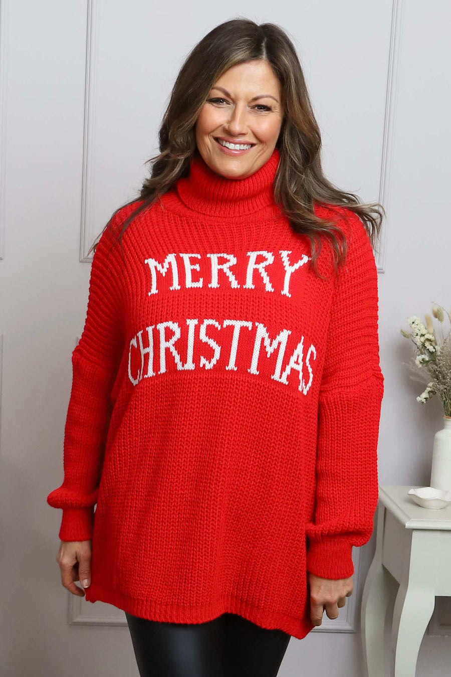 Merry Christmas Polo Neck Jumper Red