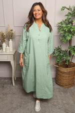 Reese Button Linen Dress Sage Green Sage Green - Reese Button Linen Dress Sage Green