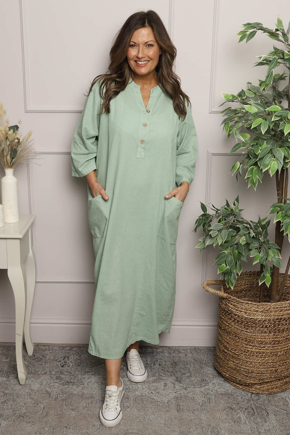 Reese Button Linen Dress Sage Green