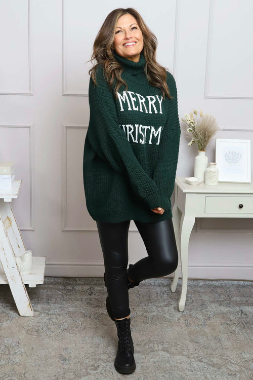 Merry Christmas Polo Neck Jumper Bottle Green