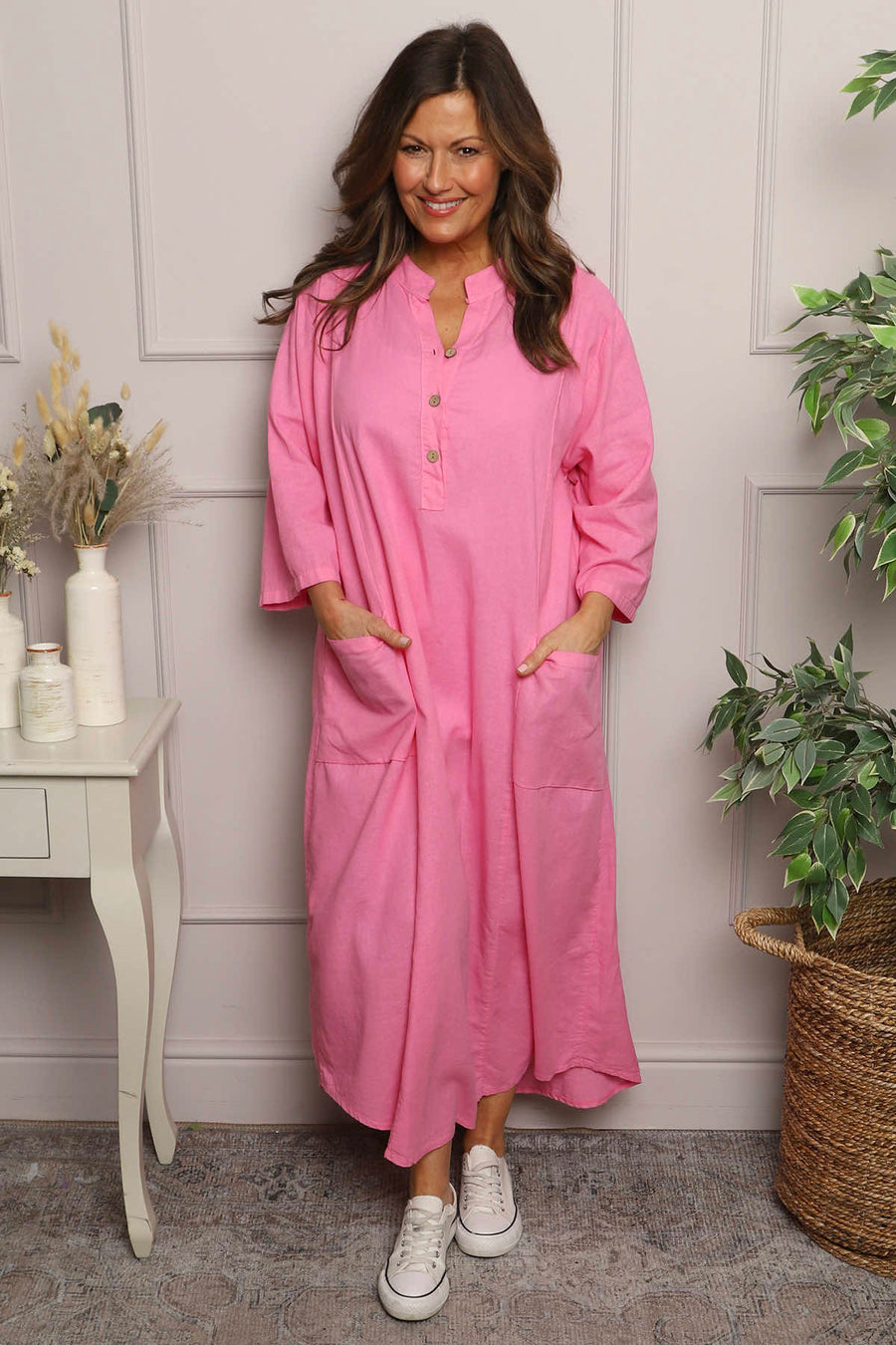 Reese Button Linen Dress Fuchsia