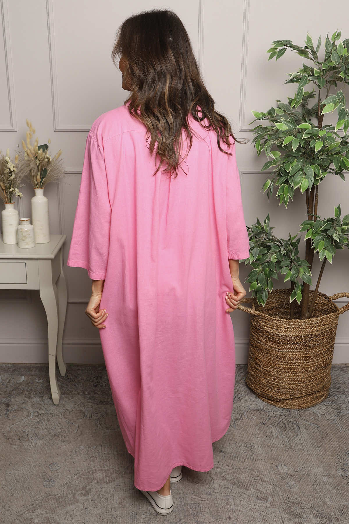 Reese Button Linen Dress Fuchsia