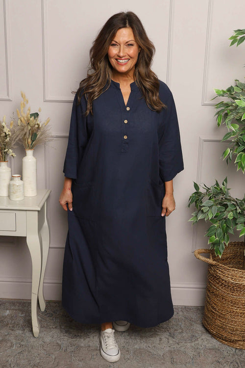 Reese Button Linen Dress Navy - Image 1