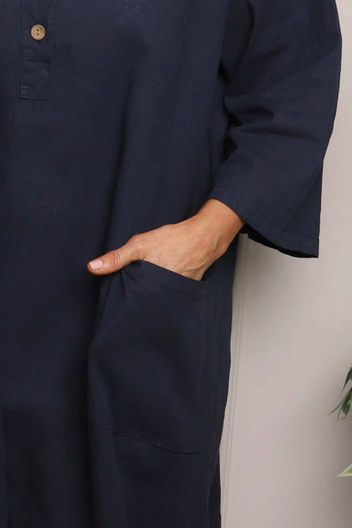 Reese Button Linen Dress Navy - Image 2