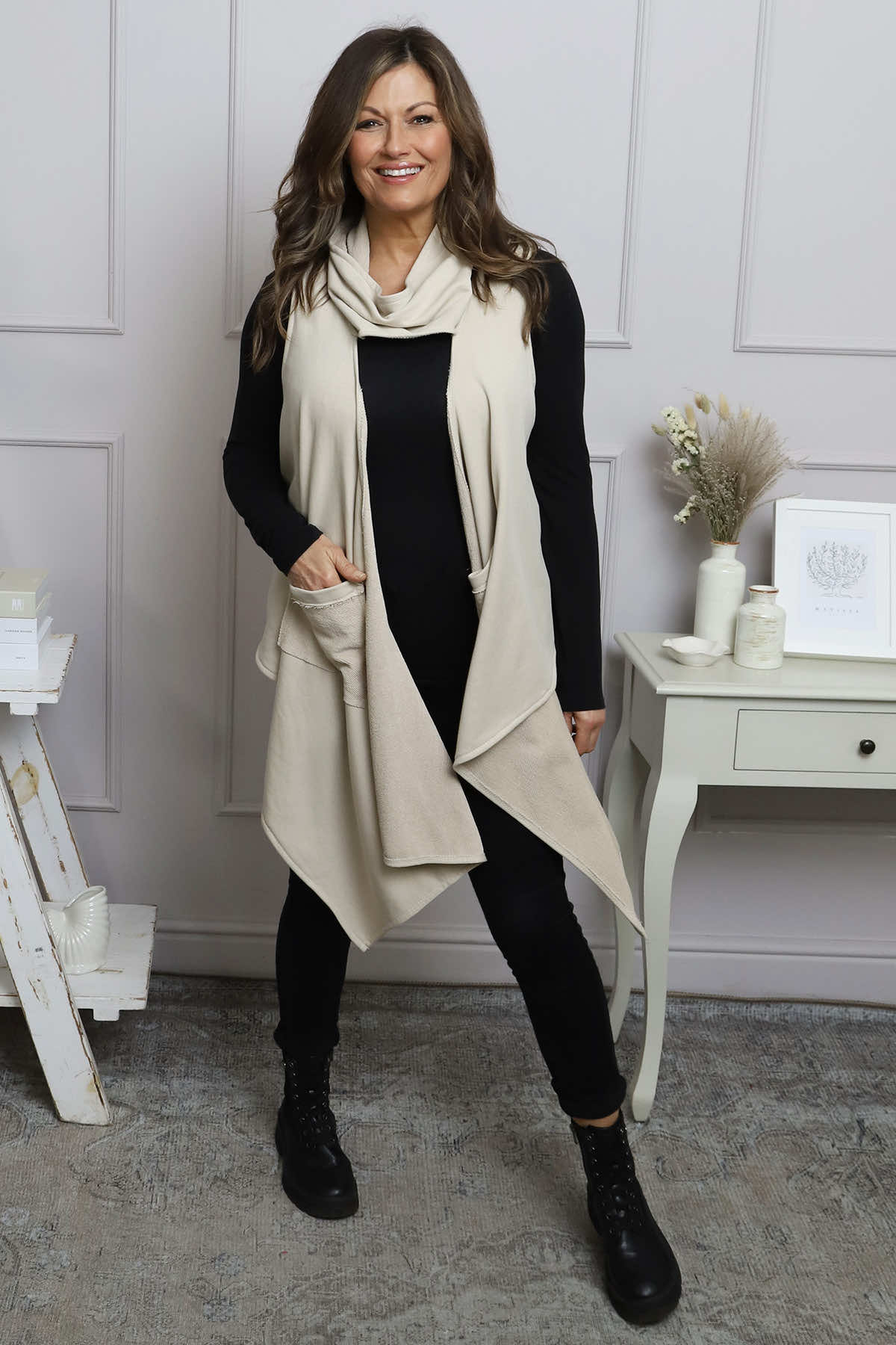 Orpha Cowl Neck Cotton Waistcoat Stone