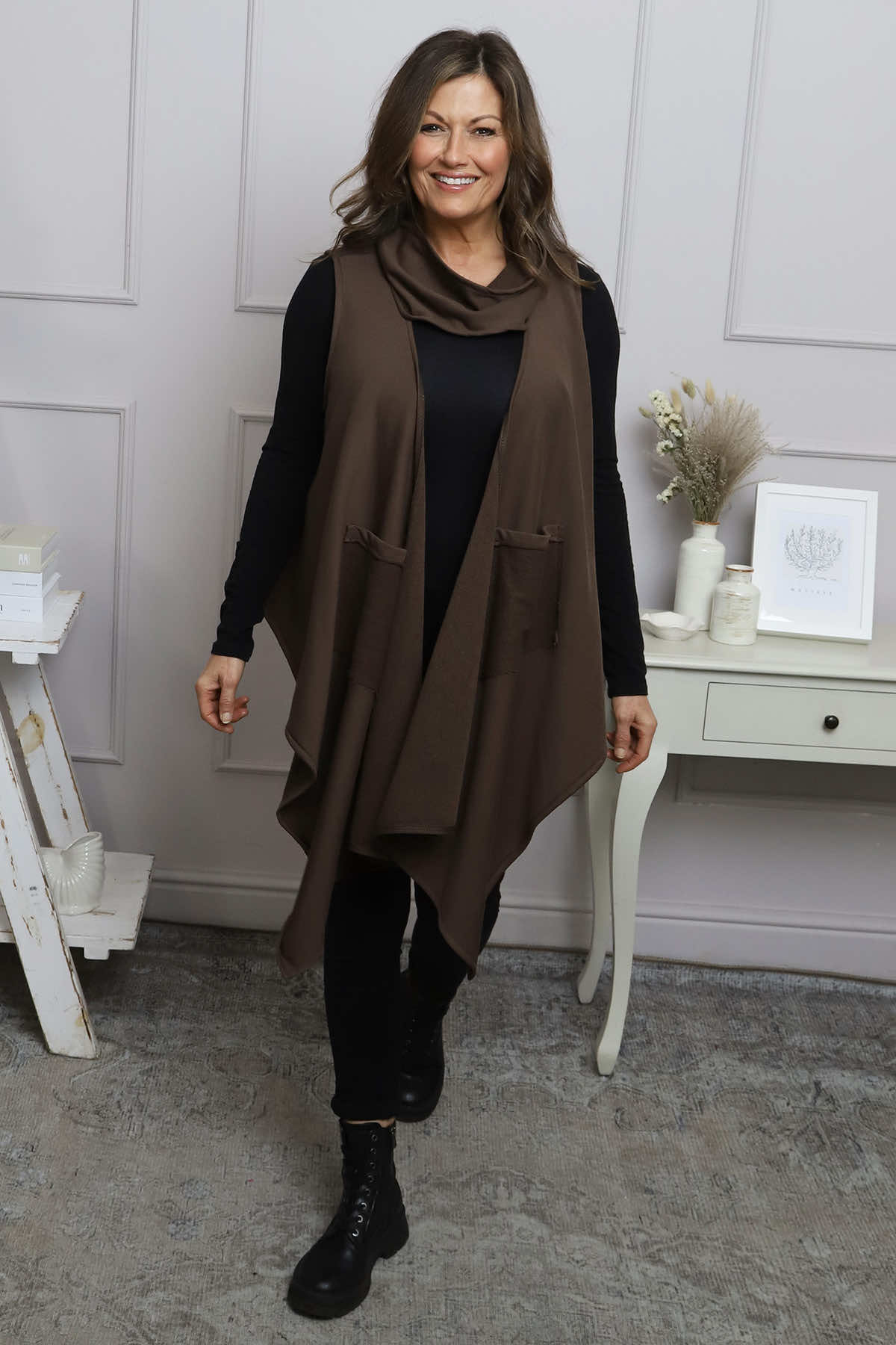 Orpha Cowl Neck Cotton Waistcoat Cocoa