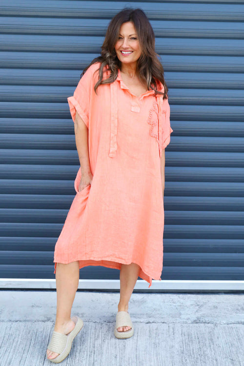 Carlina Hooded Flower Detail Linen Dress Orange - Image 1