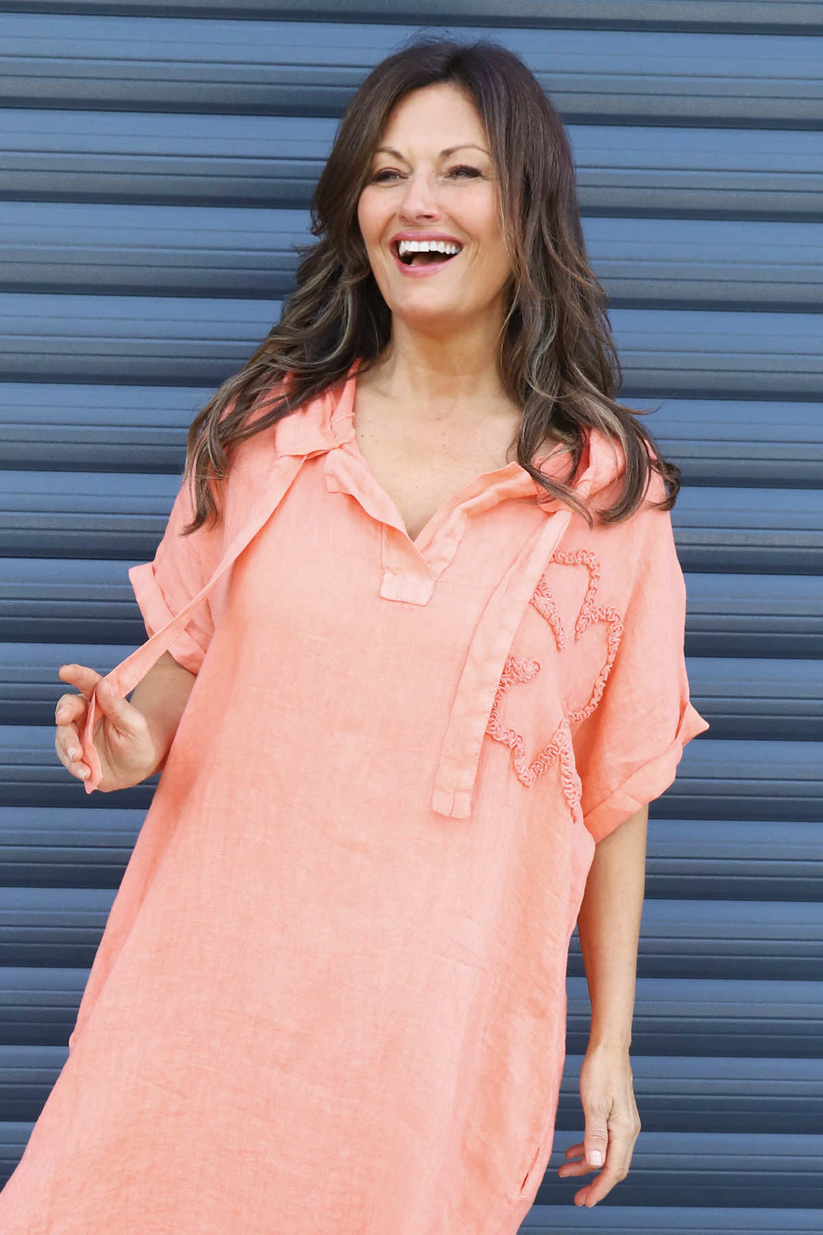 Carlina Hooded Flower Detail Linen Dress Orange