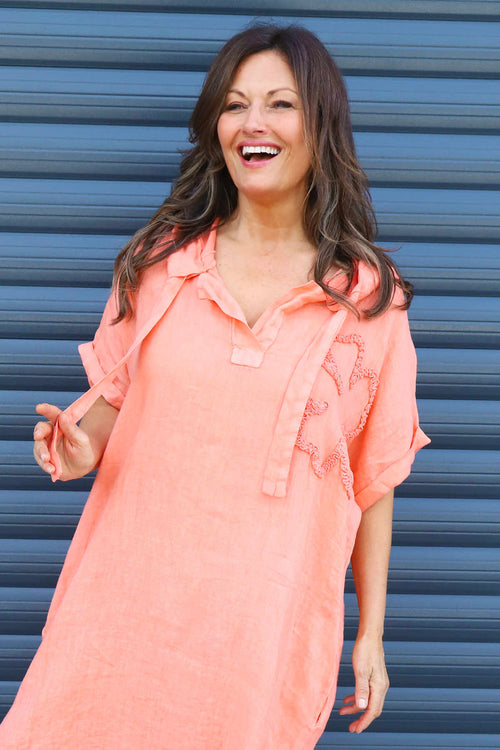 Carlina Hooded Flower Detail Linen Dress Orange - Image 2