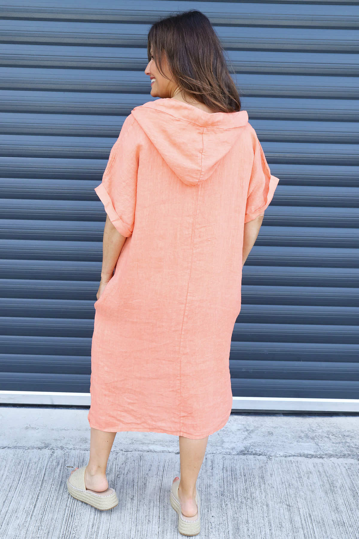 Carlina Hooded Flower Detail Linen Dress Orange