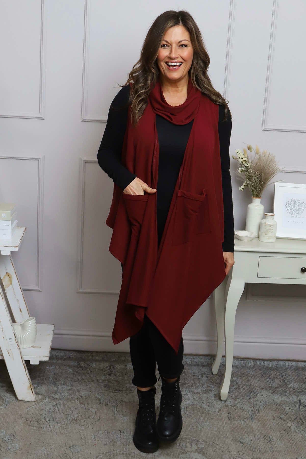 Orpha Cowl Neck Cotton Waistcoat Wine