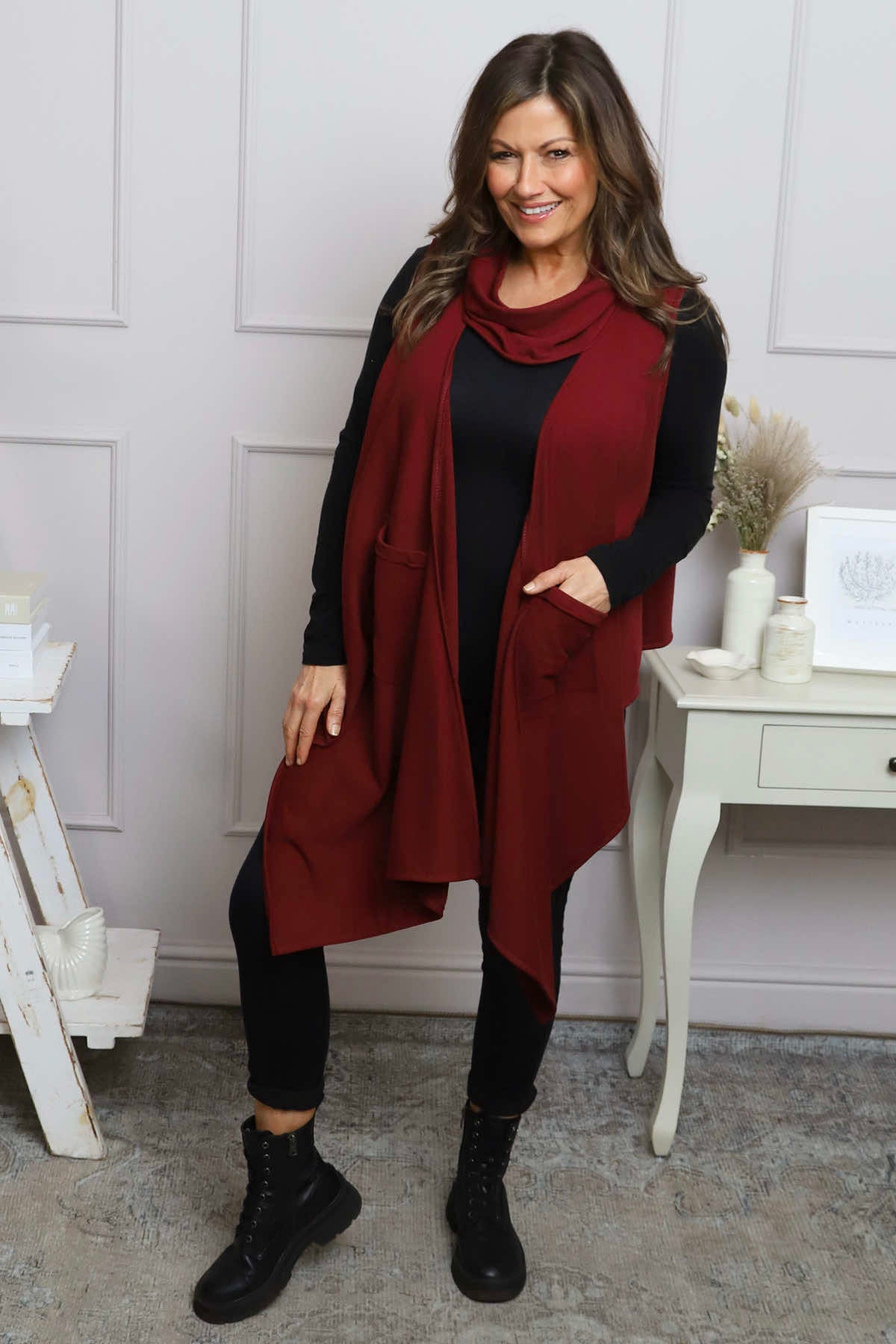 Orpha Cowl Neck Cotton Waistcoat Wine