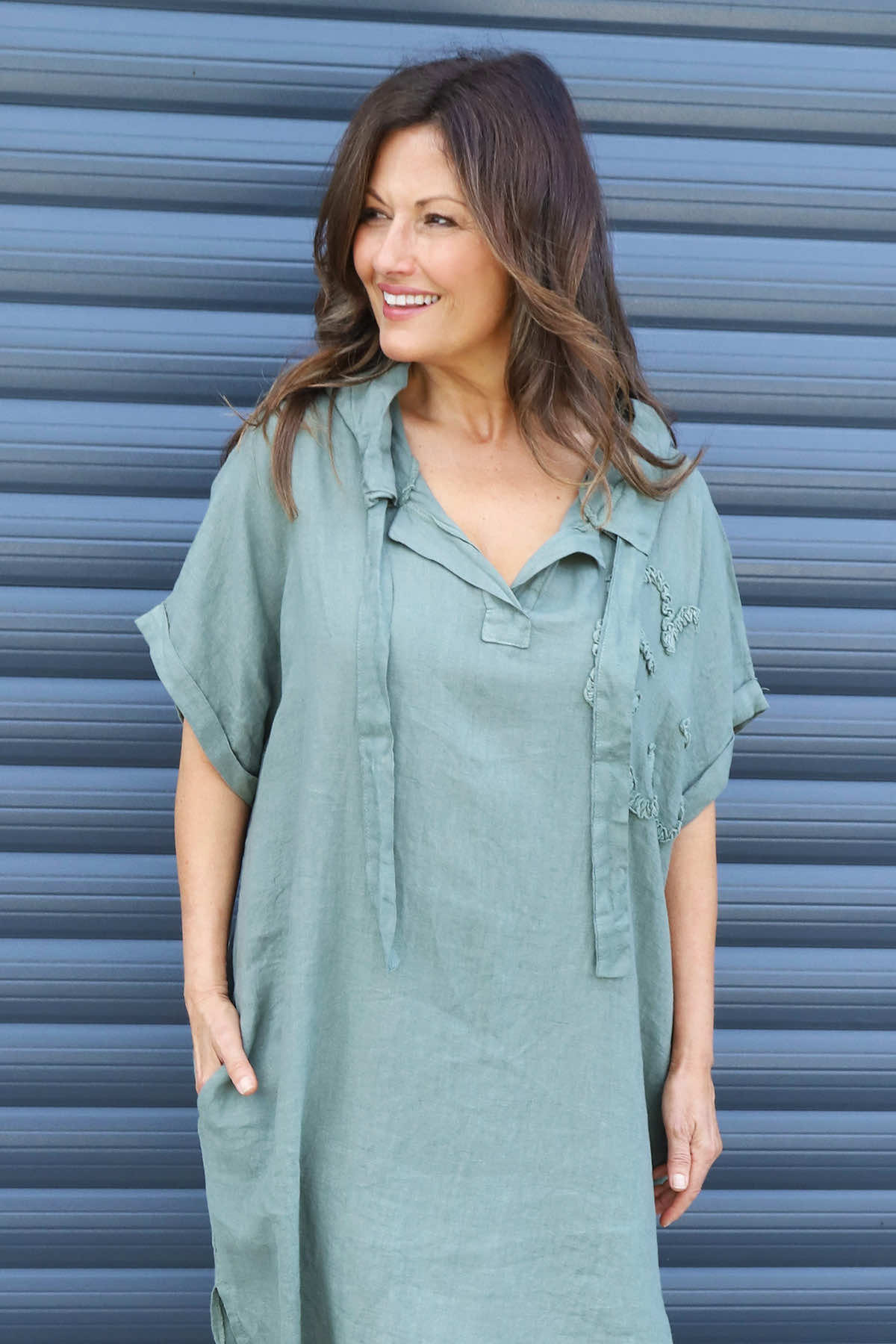 Carlina Hooded Flower Detail Linen Dress Khaki