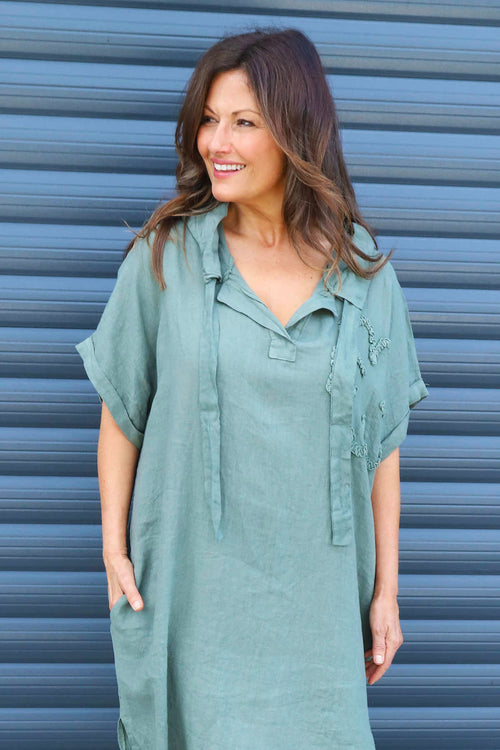 Carlina Hooded Flower Detail Linen Dress Khaki - Image 3