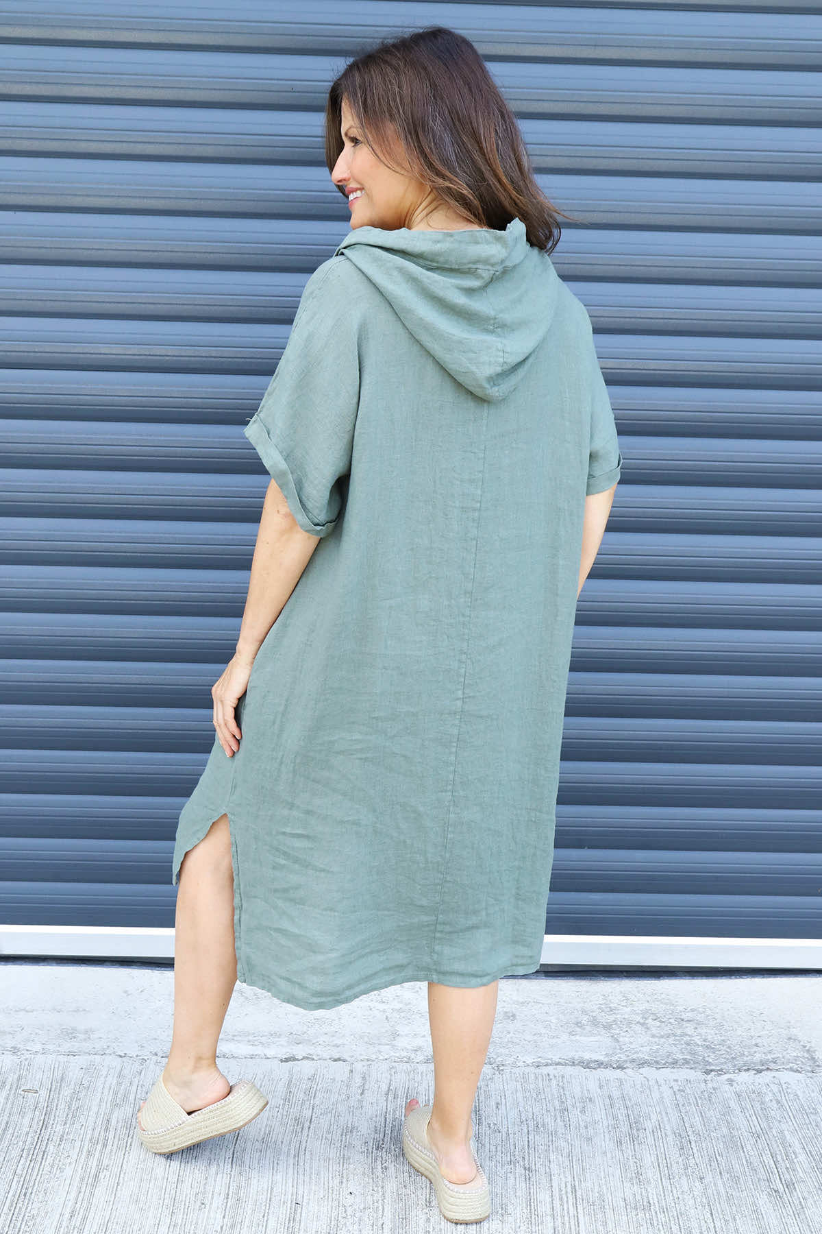 Carlina Hooded Flower Detail Linen Dress Khaki