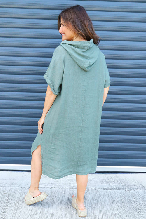 Carlina Hooded Flower Detail Linen Dress Khaki - Image 4
