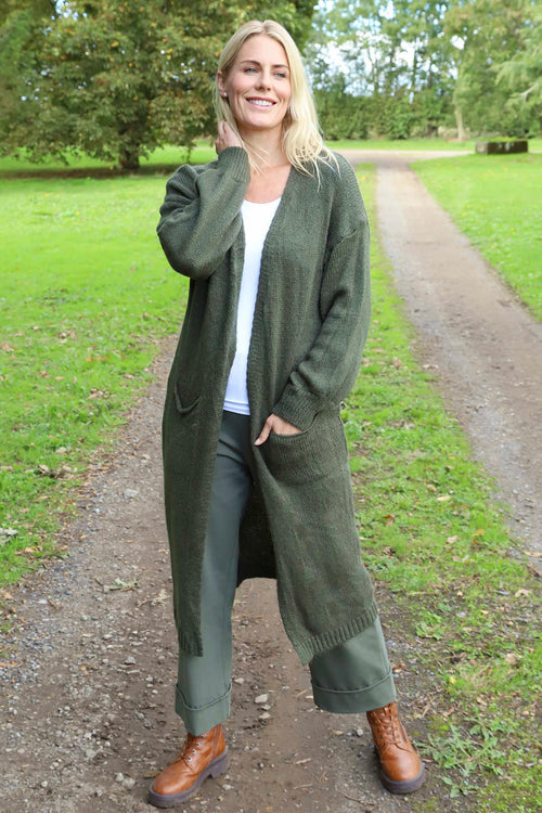 Chelsea Long Knitted Cardigan Khaki - Image 1
