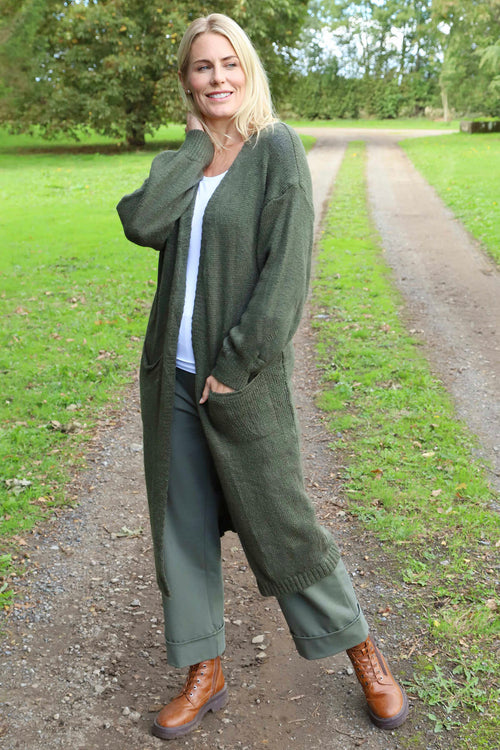 Chelsea Long Knitted Cardigan Khaki - Image 2