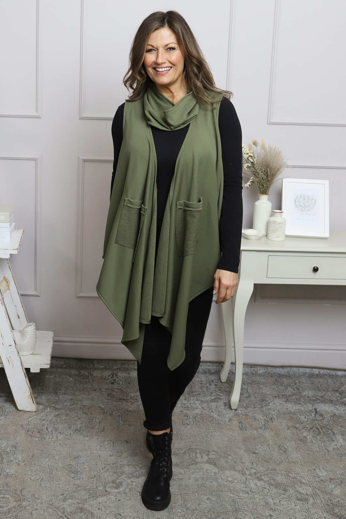 Orpha Cowl Neck Cotton Waistcoat Khaki