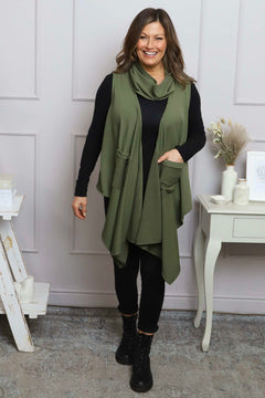 Orpha Cowl Neck Cotton Waistcoat Khaki