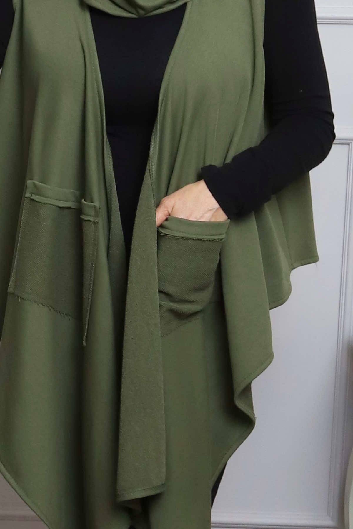 Orpha Cowl Neck Cotton Waistcoat Khaki