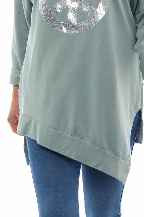 Peace Sequin Cotton Top Sage Green - Image 2