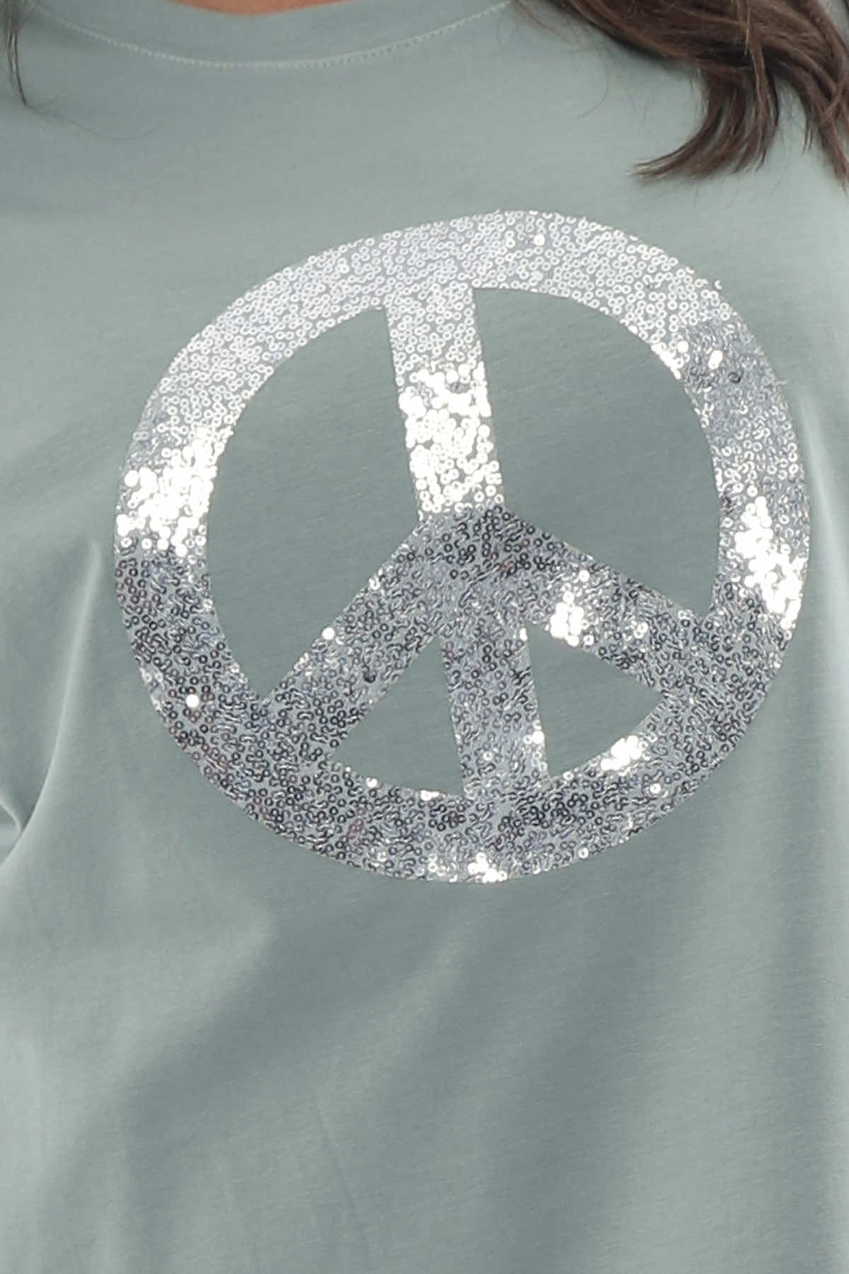 Peace Sequin Cotton Top Sage Green