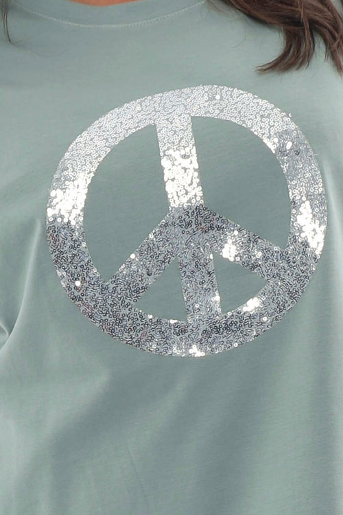 Peace Sequin Cotton Top Sage Green - Image 3