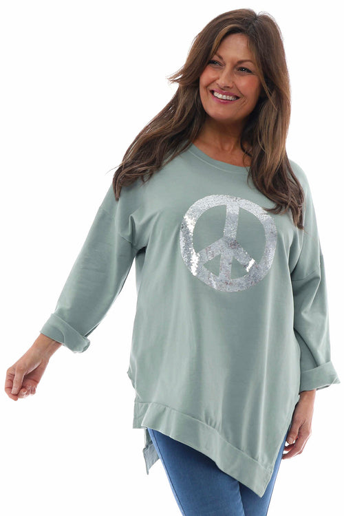 Peace Sequin Cotton Top Sage Green