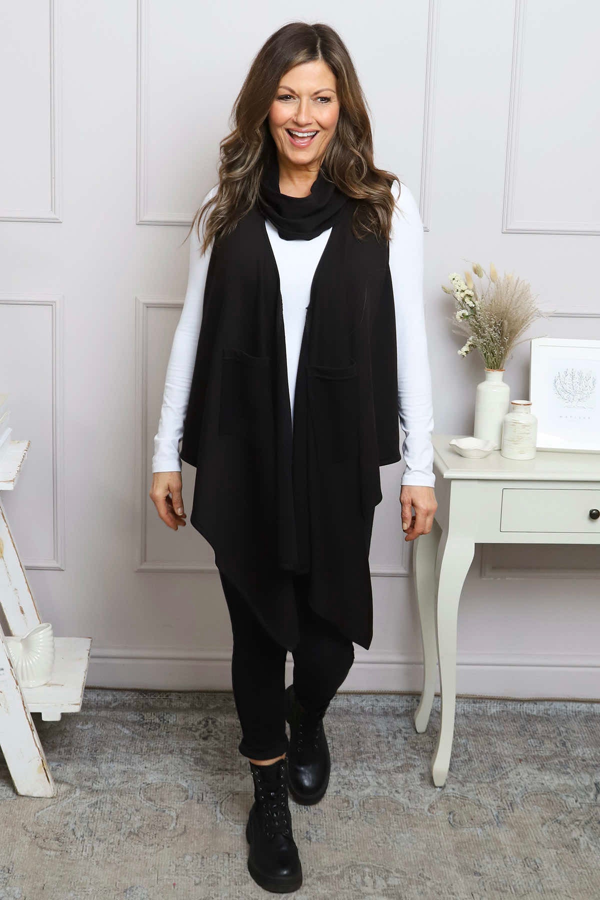 Orpha Cowl Neck Cotton Waistcoat Black