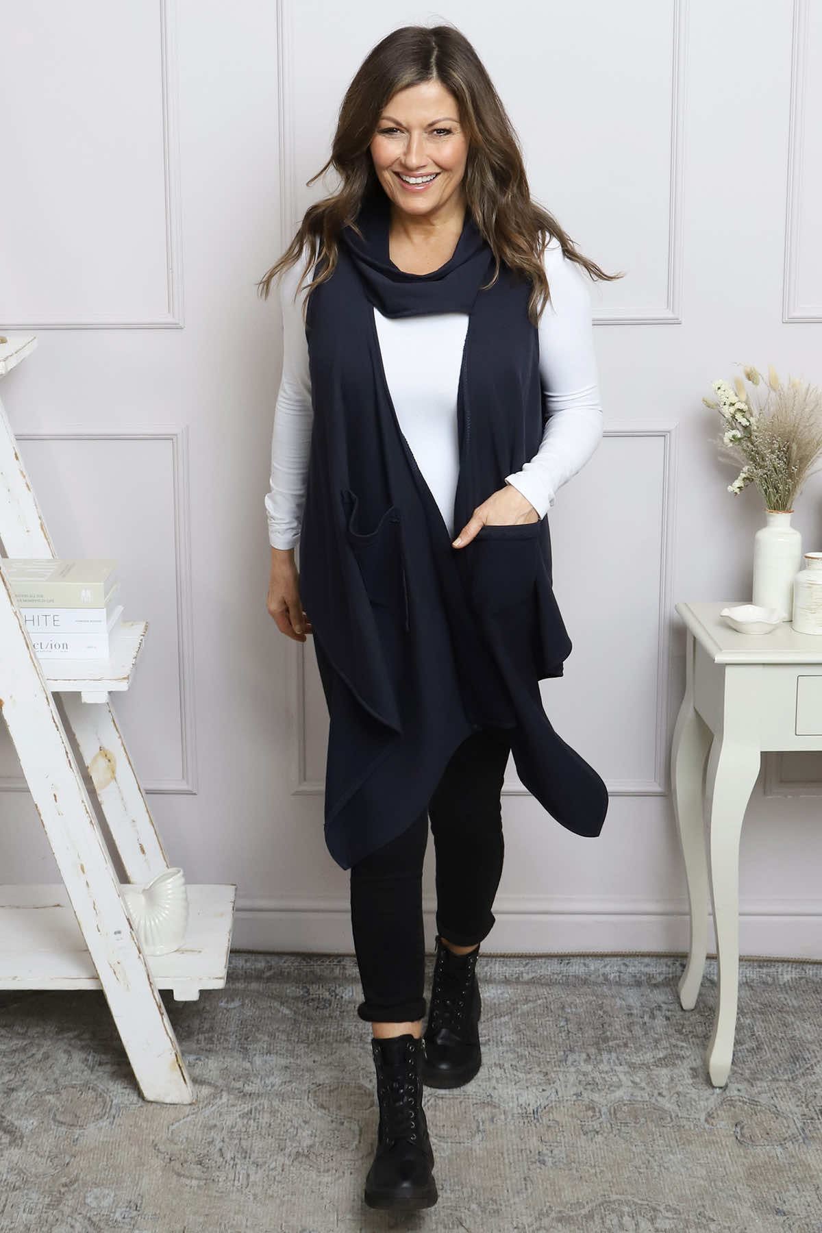 Orpha Cowl Neck Cotton Waistcoat Navy