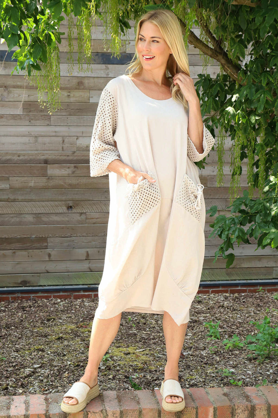 Cadie Crochet Detail Linen Dress Stone