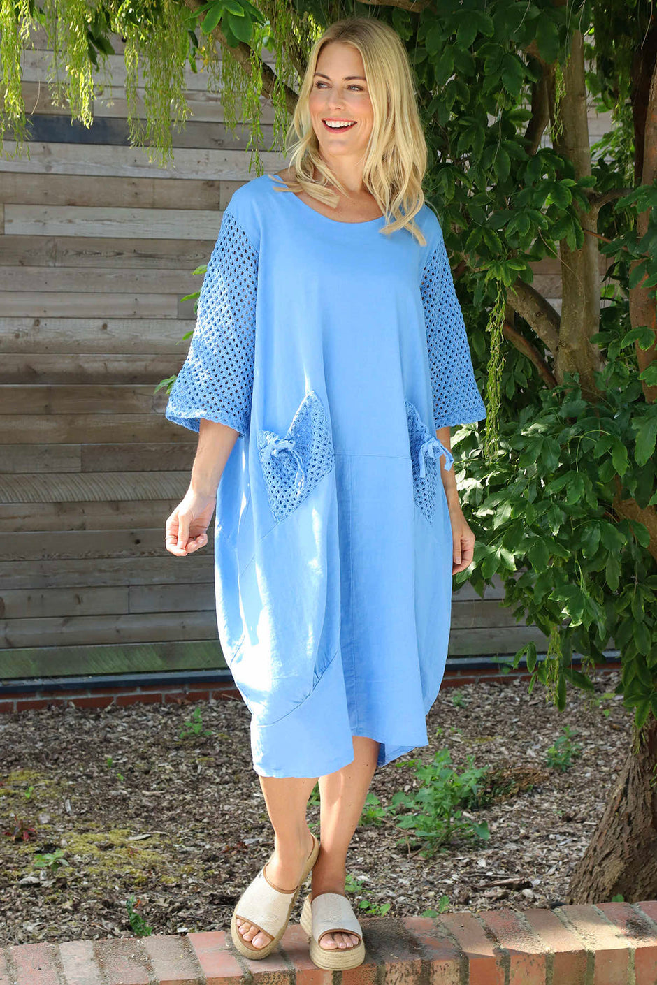Cadie Crochet Detail Linen Dress Powder Blue