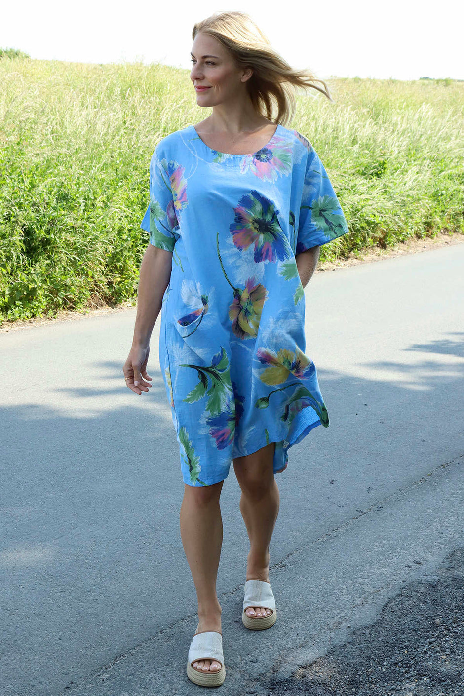 Milana Print Linen Dress Powder Blue