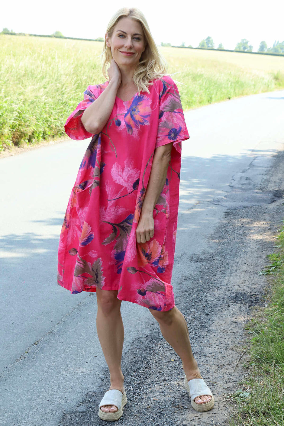 Milana Print Linen Dress Fuchsia