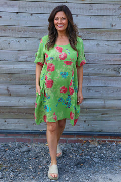Jolee Floral Print Linen Dress Green