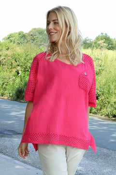 Kristiana Crochet Detail Linen Top Fuchsia