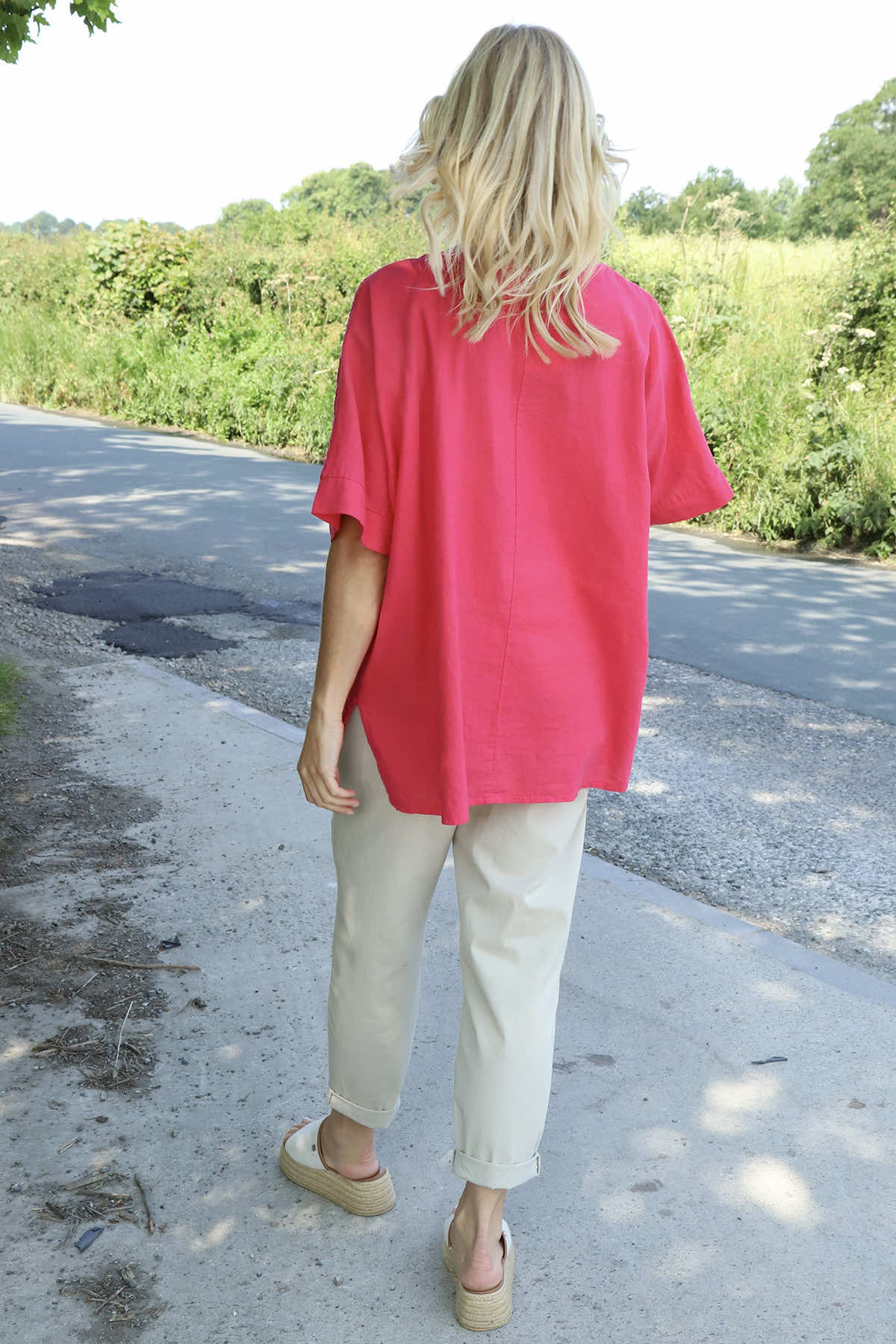 Kristiana Crochet Detail Linen Top Fuchsia