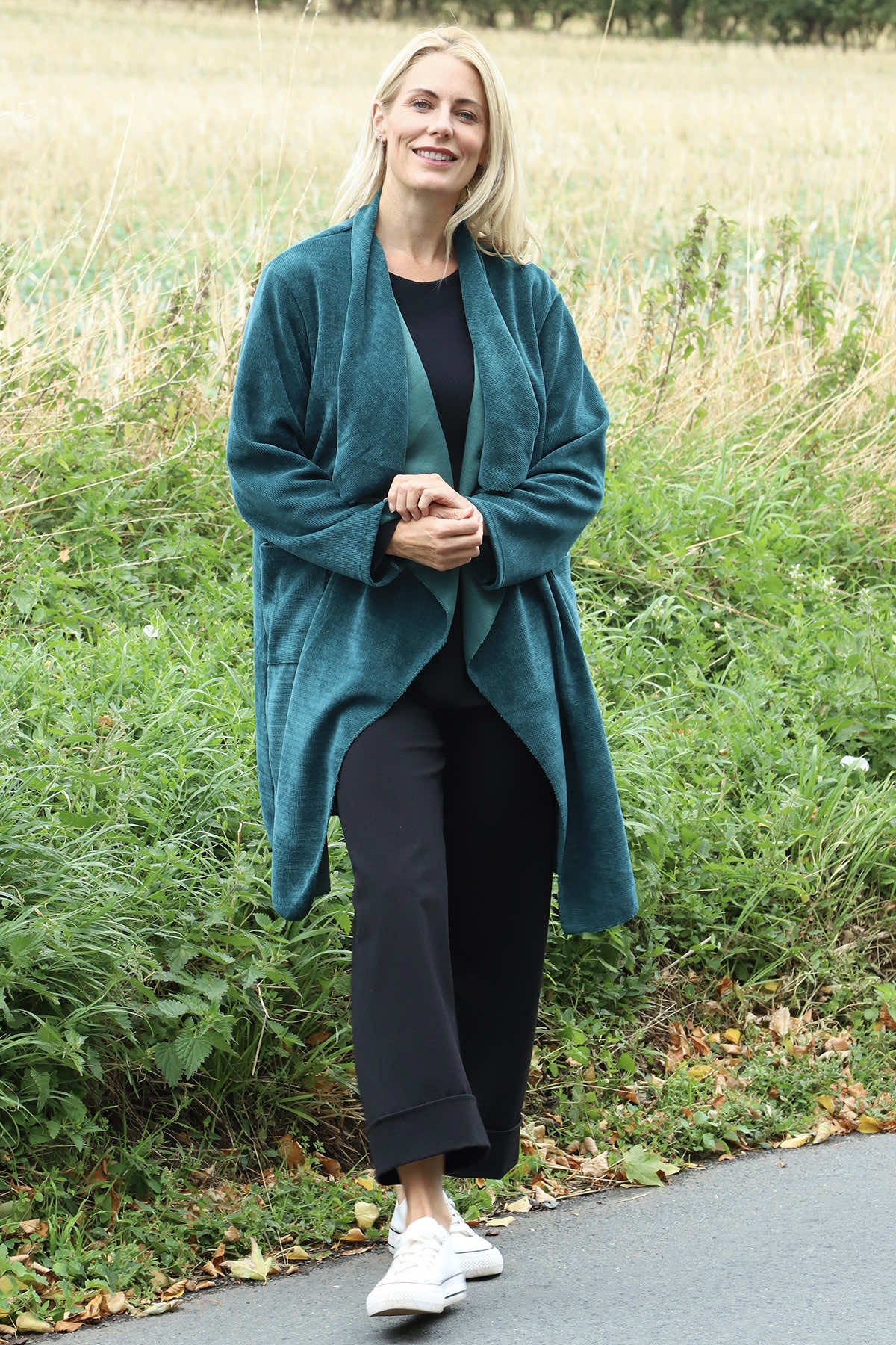 Dorothy Cord Waterfall Cardigan Jade Green