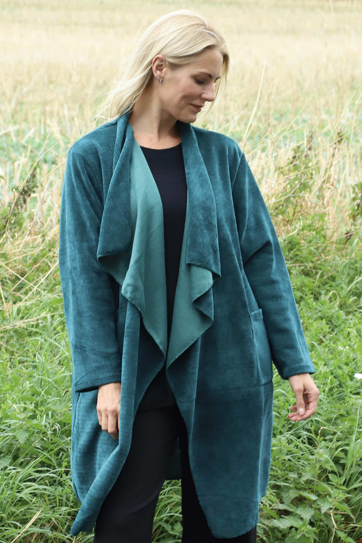 Dorothy Cord Waterfall Cardigan Jade Green