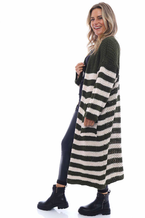 Eldora Long Stripe Knitted Cardigan Khaki - Image 3