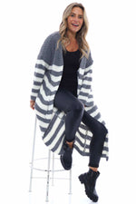 Eldora Long Stripe Knitted Cardigan Mid Grey Mid Grey - Eldora Long Stripe Knitted Cardigan Mid Grey