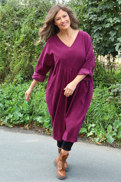 Dinah V-Neck Needlecord Dress Burgundy