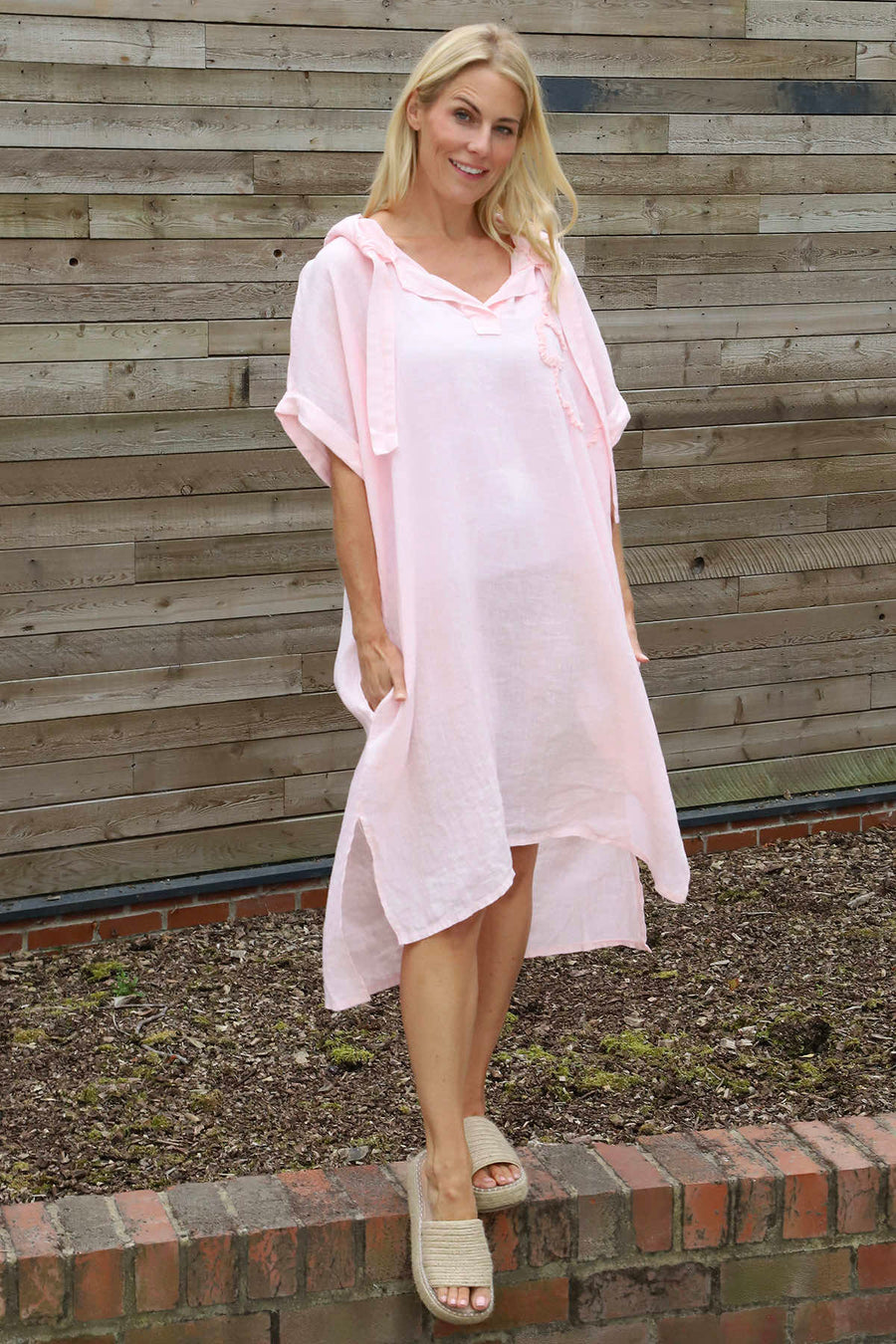 Carlina Hooded Flower Detail Linen Dress Bubblegum Pink